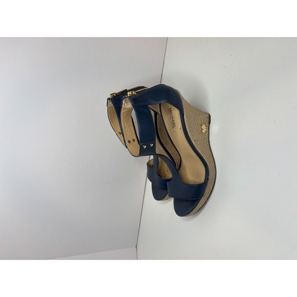 Michael Kors Navy Leather Stylish T Strap Open Toe Heeled Sandals Espadrilles - Picture 9 of 10